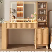 Merax Mesa de maquillaje con espejo LED, 3 cajones, estantes de vidrio, enchufes USB y Type-C, compartimento de armario, tocador, cómoda de maquillaje, color natural
