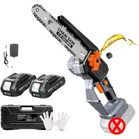 OEM Sierra de cadena eléctrica a batería, barra guía de 20 cm (8 pulgadas), motor sin escobillas, dos baterías de 2.0 Ah, modelo para la Unión Europea