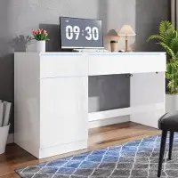 Merax Escritorio de alto brillo con iluminación LED, mesa de ordenador moderna con 2 cajones y una puerta, escritorio compacto y mesa de tocador con espacio de almacenamiento, color blanco
