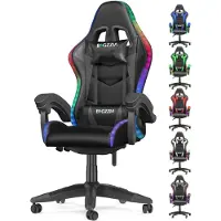 Bigzzia Silla de gaming con LED - Silla ergonómica para gaming - Sillas para gamers con iluminación RGB - Silla de ordenador con altura ajustable - Respaldo reclinable de 90-155° - Capacidad máxima de 130 kg