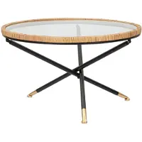 Mauro Ferretti Mesa de centro redonda Saint Barth, de 80 cm de diámetro, fabricada en metal, vidrio y ratán. Acabado dorado y estilo bohemio chic para la decoración del hogar