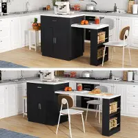Fortuna Isla de cocina Lai con mesa extensible para 4-6 personas, mesa de cocina bicolor, enchufe, armario de almacenamiento, 2 cajones, 2 estanterías abiertas laterales