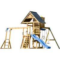 Axi Mitch Parque infantil de madera en marron | Torre de juegos con arenero, trapecio, torre mirador, columpio doble y Tobogan azul | Casita de