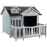 Wiltec Caseta para perros Luxus XL, 93,5 x 77,5 x 70 cm, gris y blanco. Caseta de madera para perros con porche, ideal para exteriores, balcón, jardín o terraza
