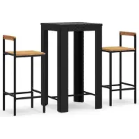 Syfax Mesa bar y taburetes jardín 3 pzas madera acacia ratán PE negro