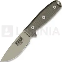 ESEE Model 3, serrated, desert tan, green plastic sheath