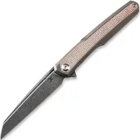 Kansept Knives Navaja Arcus Framelock Damascus, Bronze Ti/Brown Micarta