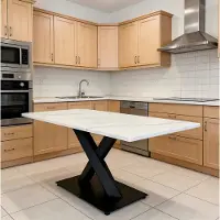 OKWISH Mesa rectangular para comedor con patas en forma de X, para 6 a 8 personas, diseño de mármol blanco, mesa de madera para cocina y comedor, color blanco y