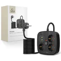 TechProtection Regulador de corriente PCS3X4, 3 enchufes, 2 puertos USB-A, 2 puertos USB-C, 200 cm - Negro