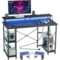 Vevor Escritorio de Oficina, con Luces LED Inteligentes y Tomas de Corriente, con Soporte para Monitor y Estantes de Almacenamiento de 2 Niveles, Carga de 68 kg, 120 x 50 x 86,5 cm, Color Negro