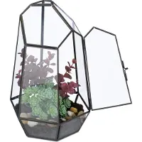 Relaxdays Terrario para plantas , de vidrio y cobre, 26x18x15 cm, caja de vidrio para cactus y musgo, diseño geométrico, ideal para alféizares, color negro