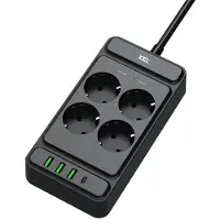 Plastrol Protector contra sobretensiones, 4 tomas de corriente Schuko, 3 puertos USB-A, 1 puerto USB-C, color