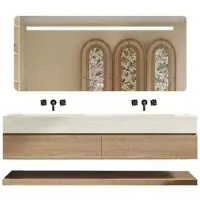 360Home Juego de dos lavabos suspendidos, diseño travertino, con espejo, mueble bajo y encimera de sinterizado, sin orificio para grifo, dimensiones 130x55 cm 【RW4822-130 BKK】