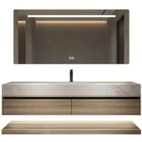 360Home Conjunto de lavabo de sinterizado blanco, encimera con efecto madera, mueble bajo y espejo [RW3256-120 K]
