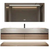 360Home Conjunto de lavabo con frente de madera, mueble bajo lavabo de sinterizado blanco, encimera, espejo (110x55 cm) [YT3256-110 K]