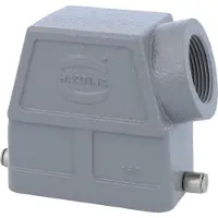 Harting Carcasa de tul de alta resistencia Han 10B, con 1 salida lateral para cables mediante rosca PG21, y 1 brida de sujeción (en la parte inferior). Conexión roscada PG21