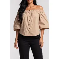 Guess Marciano GUESS Pat Off Shoulder Top Natural Almond Talla: 38 | Blusas Outlet | Mujer | Marrón