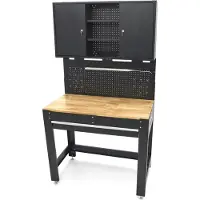 HBM banco de trabajo 115 cm con cajón grande, pared de armario y panel trasero, negro