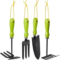 Relaxdays Set de herramientas de jardín , de 4 piezas: pala para flores, rastrillo pequeño, azada doble, tenedor para flores. Juego de herramientas de jardín, hierro, color verde