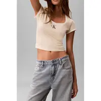Calvin Klein Ss Monologo Scoop Neck Top Vanilla Custard Talla: L | Camisetas de Seda Outlet | Mujer | Blanco
