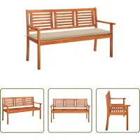 The Living Store Banco de jardín de madera maciza de eucalipto, para 3 personas, con cojín, de 150 cm de ancho