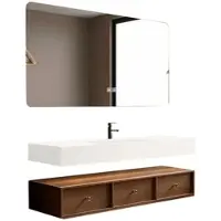 360Home Conjunto elegante para baño: lavabo de sinterizado blanco con mueble marrón, espejo con luz LED antiniebla y 3 cajones espaciosos. Dimensiones: 140 x 55 cm. 【YTC805-140】