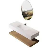 360Home Juego de baño con lavabo blanco de piedra sintética, espejo LED, estante marrón y sistema de desagüe, dimensiones 120x55 cm. [R557]