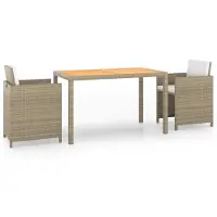 vidaXL Juego de mesa de jardín de 3 piezas con cojines, tejido de polirratán, color beige