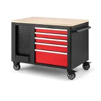 HBM Banco de trabajo móvil con encimera de madera y 10 cajones, rojo negro