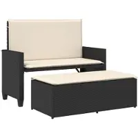 vidaXL Banco de jardín con cojín y reposapiés, color negro, fabricado en polirratán