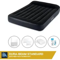 Intex Colchón hinchable - Para 2 personas - 137 x 191 x 25 cm - Negro - Con bomba integrada + Sábana ajustable blanca + Almohada + Fundas de almohada de molton 2 en 1 + Kit de reparación