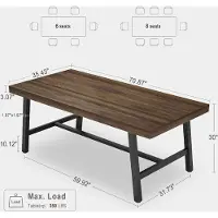 StarTech.com Mesa de comedor - Mesa rectangular para comedor de 180x90 cm - Tablero de madera - Patas de metal negro - Diseño industrial - Para 6-8 personas - Color marrón chocolate
