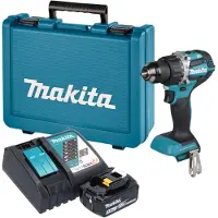 Makita Taladro atornillador a batería DDF 484 RT1E de 18 V, 54 Nm, sin escobillas + 1 batería de 5,0 Ah + cargador + maletín