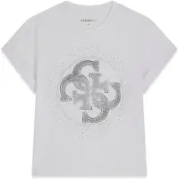 GUESS para mujer. W6YI18K4331 Camiseta con logo de pedrería blanco (S), Casual, Algodón, Manga corta, outlet 2026.