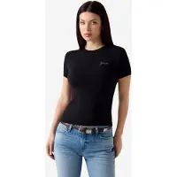 GUESS para mujer. W6YI12K3751 Camiseta con logo de pedrería negro (XS), Casual, Modal, Manga corta, outlet 2026.