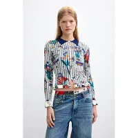 Desigual , Jersey Floral Cuello Camisa, Mujer, Blanco, XS