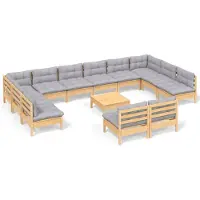 vidaXL Juego de jardín de 13 piezas con cojines grises, fabricado en madera maciza de pino