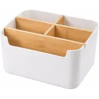 OEM VHV - Organizador de escritorio con 5 compartimentos - Caja de almacenamiento de ABS con separadores de madera - Blanco - Ideal para oficina, baño y sala de estar