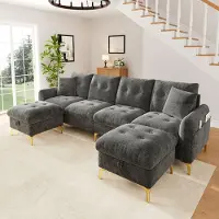 Merax Sofá modular en forma de U, de 4 plazas, con reposapiés con espacio de almacenamiento, patas doradas, tapizado en chenilla, incluye cojines decorativos, dimensiones: 263 x 137 x 85 cm, color gris