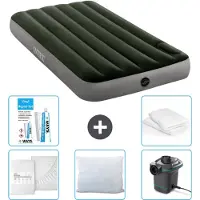 Intex Colchón inflable - 1 persona - 99 x 191 x 25 cm - Verde - Incluye sábanas ajustables, almohada, bomba y kit de reparación, además de protector de almohada