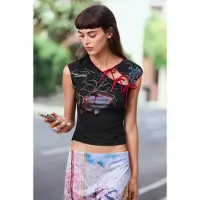 Desigual , Camiseta oriental estampada, Mujer, Poliester, Negro, S