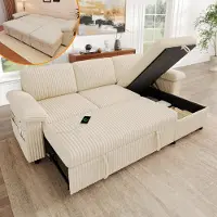 Merax Sofá modular en forma de L con chaise longue, convertible en cama, con puerto USB tipo C, respaldo ajustable, cojines para los reposabrazos, tapizado en tela de cuerda, color beige