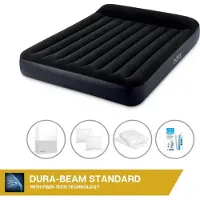 Intex Colchón hinchable - Para 2 personas - 152 x 203 x 25 cm - Negro - Con bomba integrada + Sábana ajustable blanca + Almohada + Fundas de almohada de molton 2 en 1 + Kit de reparación