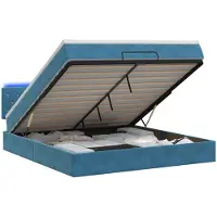 Syfax Cama otomana con colchón y luces LED, color azul oscuro, 140 x 200 cm, tapizada en terciopelo