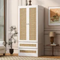 STILVORA Armario con puertas dobles, armario de almacenamiento con cajones y compartimentos, armario con puertas de ratán sintético