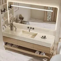 360Home Conjunto de lavabo suspendido – Fabricado en sinterizado – Aspecto travertino, incluye espejo, mueble bajo, estante y desagüe, sin orificio para grifo. Dimensiones: 130 x 55 cm. 【YT9865-130 BKK】