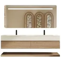 360Home Juego de dos lavabos suspendidos, con apariencia de travertino, que incluye espejo, mueble bajo y lavabo de sinterizado. Dimensiones: 150 x 55 cm. [Código: RW4822-150 K]
