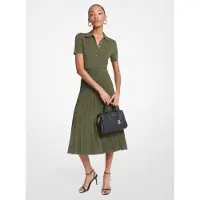 Michael Kors para mujer. MT5834F33D Vestido midi tipo polo de punto elástico acanalado verde (XS), Casual, Viscosa, Manga corta, Michael Kor