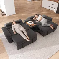 Merax Sofá cama con forma en U, convertible en cama doble, sofá de 4 plazas con zona para mascotas, portavasos, 4 cojines, tejido de chenilla, color gris oscuro