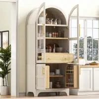 MODFU Armario de cocina con vidrio texturizado, armario de almacenamiento con diseño curvo, vitrina de vidrio con cajón y espacio de almacenamiento, aparador alto, color blanco, 76x40x180 cm